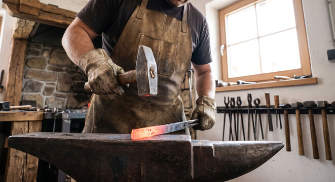 Blacksmith in a leather apron shaping glowing hot metal with a hammer on an anvil in a traditional workshop.