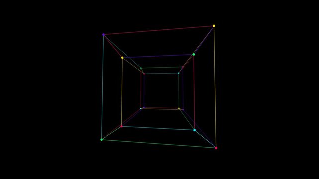 High-definition seamless visual background featuring quantum hypercube 4d tesseract geometry with a vivid cyberpunk color aesthetic. Ideal for music visualizers, educational tech, sci-fi intros