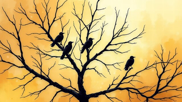 Silhouettes of crows on bare tree branches at sunset