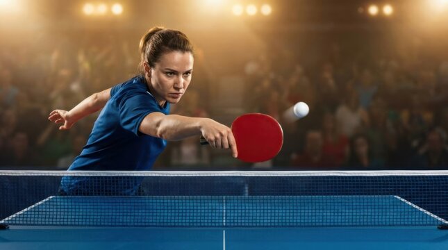 Female table tennis player hitting a forehand shot in a stadium with blurry spectators.