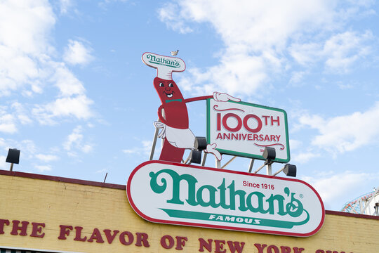 Nathan's Famous sign with 100th anniversary display