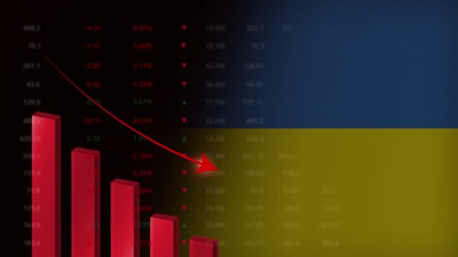 Economic crisis in Ukraine concept background.Red falling graph animation with Ukrainian flag.Stock market crash