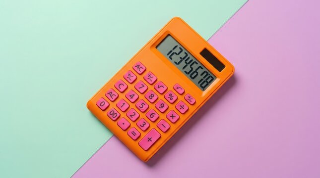 Bright orange calculator with pink buttons placed on a diagonal split background, of pastel mint, green and soft, light purple colors