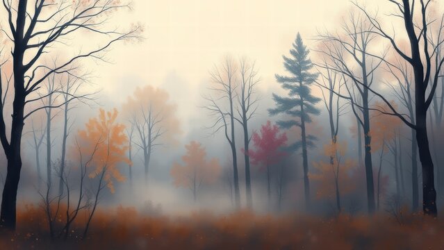Misty autumn forest landscape with bare trees and fog