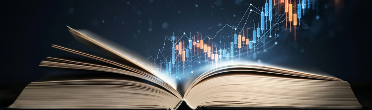 Financial Insight: An open book emanates light, revealing a dynamic stock market graph symbolizing the flow of financial knowledge and investment opportunities.