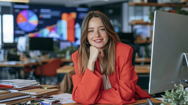 Confident Professional at Her Desk: A stylish woman in a vibrant red blazer sits at her desk in a modern office, a subtle smile gracing her lips as she looks confidently towards the camera.