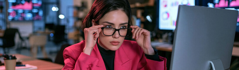 Fototapeta premium Focused Analyst: A determined woman with glasses adjusts them, intently focused on a computer screen displaying data, representing intense concentration in a professional setting.