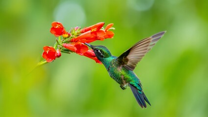 Fototapeta premium Hummingbird Feeding on Orange Flowers