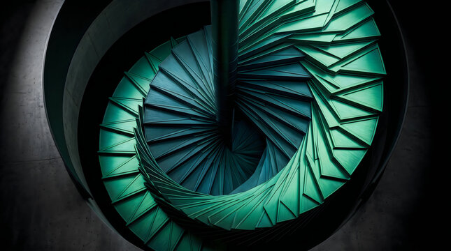Modern green spiral staircase viewed from above looking down into a dark deep circular architectural hole