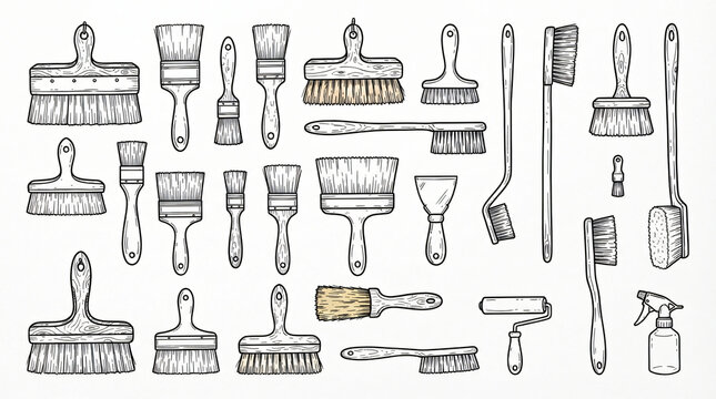 Wallpaper Stripper Brush Paste Applicator Line Art Doodle Graphic Collection Hand Drawn Wide Block Wall Flat Synthetic Bristle Wooden Handle Black Ink Strictly Textless White Background Asset
