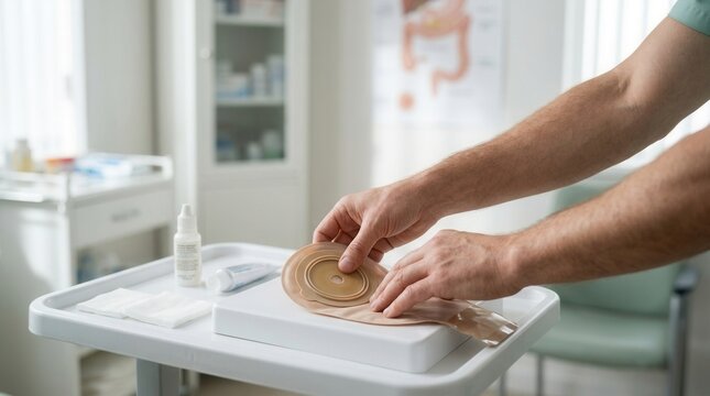 Healthcare professional demonstrates ostomy bag care and application in a clinical setting.