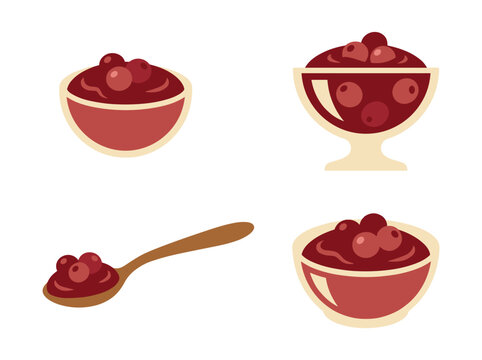 Delicious cranberry sauce served in glass bowls and a wooden spoon shown as a flat vector graphic design illustration set