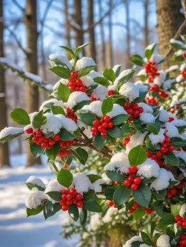 American Holly Bush Under Snow Blanket