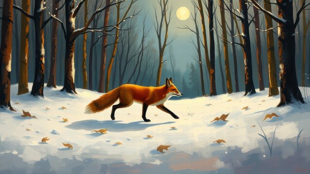 Red fox walking in a snowy forest under moonlight