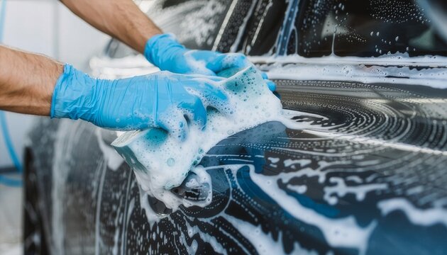 Close-up hands scrubbing the side of a modern car with a large foam-covered washing sponge.