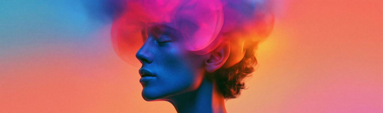 Vivid Imagination: A woman's profile illuminated by vibrant blue and pink light, with colorful smoke swirling around her head, symbolizing creativity and abstract thought.