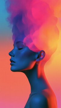 Vivid Imagination: A woman's profile is depicted with her head enveloped in a vibrant, abstract cloud of colorful smoke, representing creativity and inner thought.