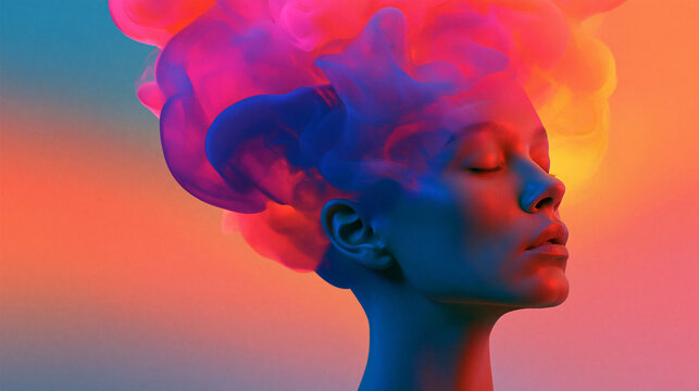 Mind's Eye Kaleidoscope: A woman's profile is framed by a vibrant explosion of colored smoke, symbolizing creativity, imagination, and the boundless depths of thought.