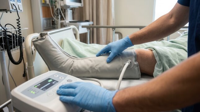 Healthcare professional applies sequential compression device to patient's leg in hospital room for DVT prevention.