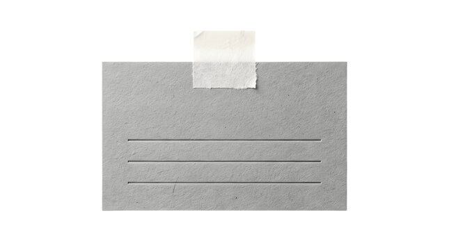 Rectangular grey textured paper note with three horizontal embossed lines and a piece of white adhesive tape attached at the top center on transparent background