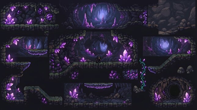 Pixel art crystal cave tileset elements for fantasy platformer game design