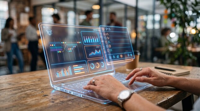 Futuristic AI Project Management Dashboard on Laptop with Holographic Calendar and Analytics in Modern Office