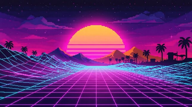 Retro synthwave landscape featuring a vibrant glowing sun and neon grid