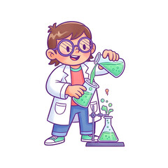 Obraz premium Cartoon illustration of a young boy scientist in a lab coat doing a chemistry experiment.