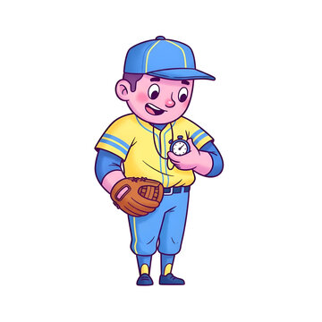 Cartoon illustration of a young boy in a baseball uniform holding a stopwatch and glove.