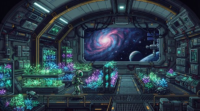 Pixel art astronaut gardening glowing neon plants inside futuristic space station
