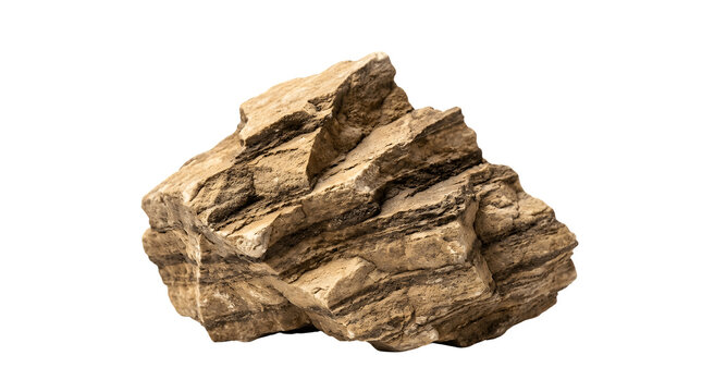 Jagged brown metamorphic rock with rough textured surface showing detailed natural sediment layers and heavy mineral composition isolated as a single geological specimen on transparent background