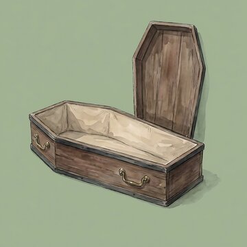 Watercolor illustration of an open wooden coffin for funeral service concepts