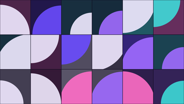 A geometric pattern of squares containing quarter circle shapes in shades of purple, pink, teal, and off-white on a dark background for