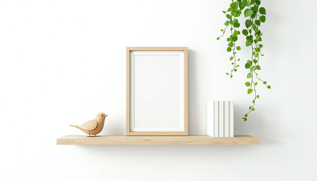 Small square wooden frame mockup in scandi style interior with trailing green plant, bird, pile of books and shelf on empty neutral white wall background. 3d rendering, illustration