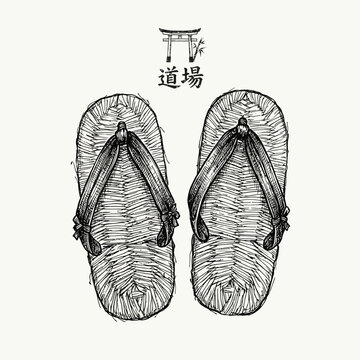 Hand-drawn straw Zori sandals icon, traditional Japanese footwear