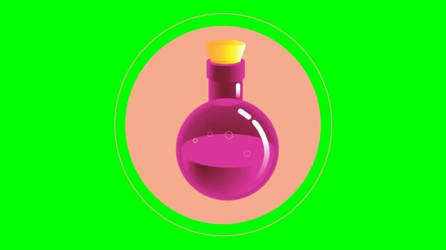 Animated pink magic potion bottle in circle on green screen