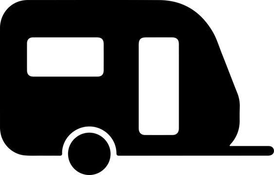 Minimalist black silhouette icon of a travel trailer caravan vehicle for camping and outdoor adventure lifestyle design projects isolated on a clean white background for simple graphic user interface
