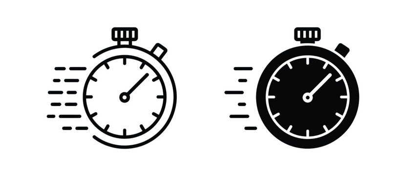 Time fast icon flat vector illustration featuring a thin line clock emblem symbolizing speed, urgency, efficiency, and quick action