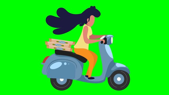 Animated female pizza delivery driver riding scooter on green screen