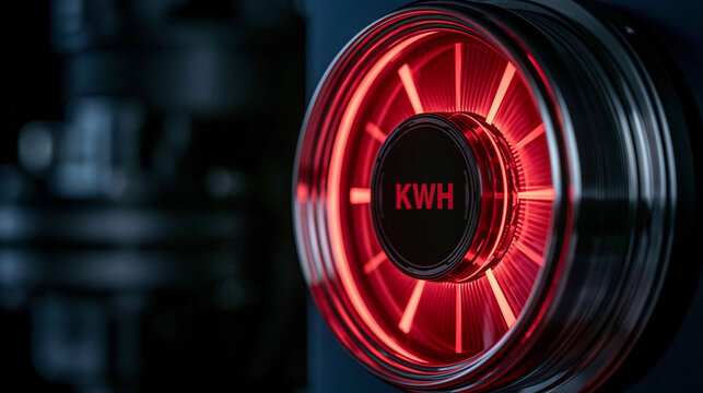 Electric KWH Meter: A close-up shot of a digital KWH meter displaying a bright red glow, indicating energy consumption, set against a dark, industrial background.