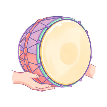 Colorful cartoon illustration of hands holding a traditional dholak drum.