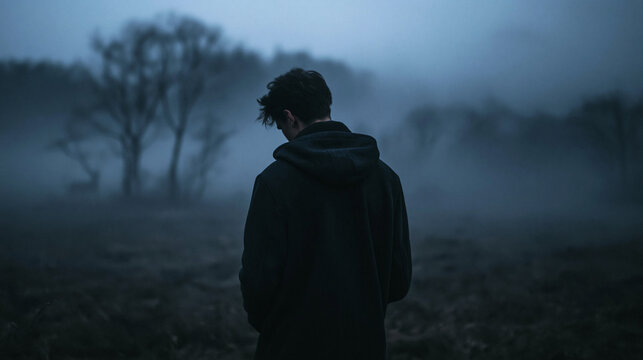 Lonely Wanderer in the Mist: A solitary figure, back turned, stands in a desolate, misty landscape, shrouded in an atmosphere of melancholy and isolation.