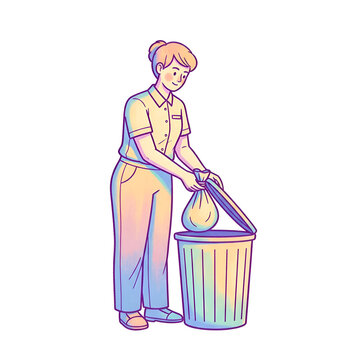 Colorful vector illustration of a woman throwing garbage into a trash can.