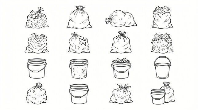 Heavy Duty Trash Bag Construction Bucket Line Art Doodle Collection Hand Drawn Plastic Garbage Sack Crumpled Waste Builder Pail Wire Handle Icon Design Flat Outline Strictly Textless White