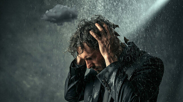 Despair in the Storm: A man clutches his head in distress as heavy rain pours down, a single ray of light illuminating his solitary struggle against despair.