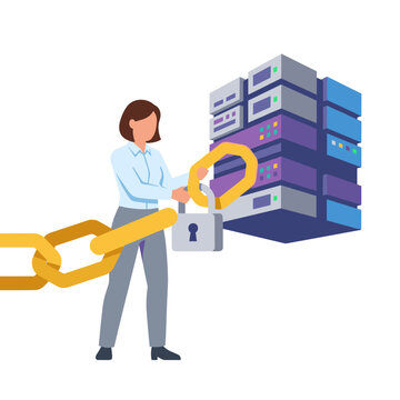 Data Security Concept | Woman Securing Server with Padlock and Chain
