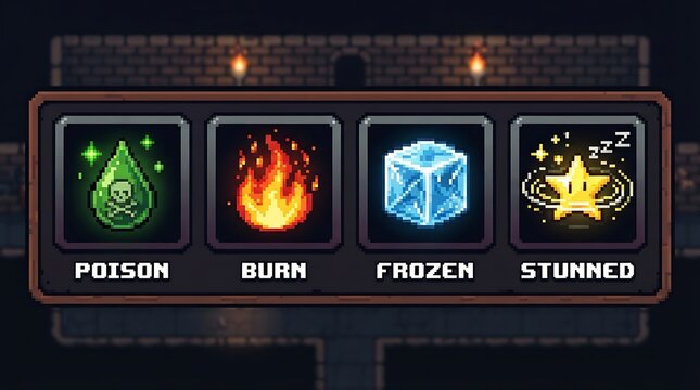 Pixel art status effect icons showing poison fire frozen and stunned