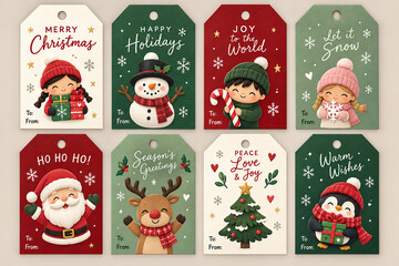 Fototapeta premium Cute Christmas Holiday Gift Tag Set with Gnomes, Snowman, Santa, Reindeer, Christmas Tree and Festive Greetings