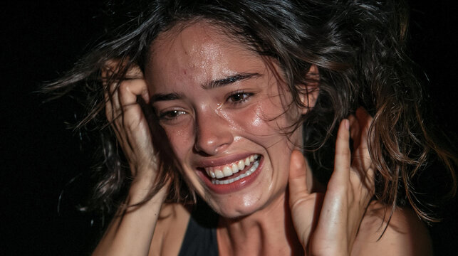 Overwhelmed Joy: A young woman's face contorted in an expression of intense, almost unbearable happiness, her eyes shining and a wide.