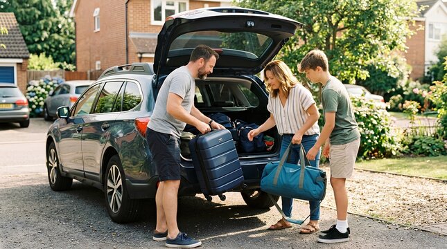 Family of three loading navy roller suitcase and travel bags into the open trunk of a grey estate car on a sunlit driveway in front of suburban brick houses, vacation getaway